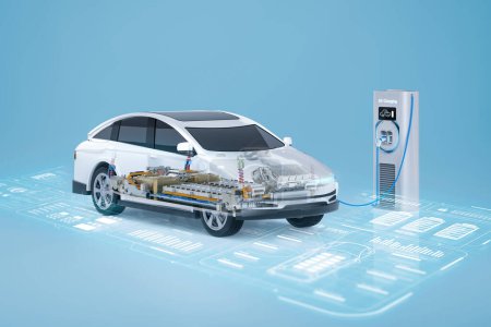 Foto de 3d renderizado ev coche o vehículo eléctrico enchufe con pantalla de la estación de recarga con interfaz gráfica digital - Imagen libre de derechos