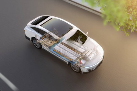 Foto de 3d renderizado ev coche o vehículo eléctrico con paquete de módulo de celdas de batería en carretera - Imagen libre de derechos