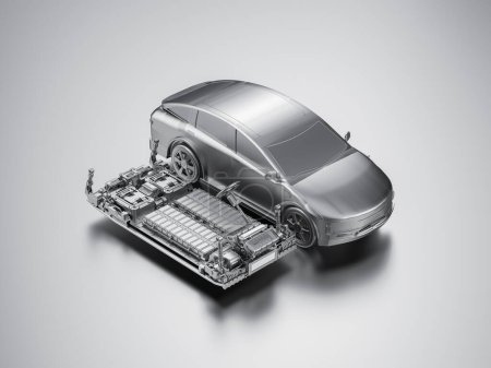 3D-Rendering ev Auto oder Elektrofahrzeug mit Batteriezellen-Modul auf Plattform