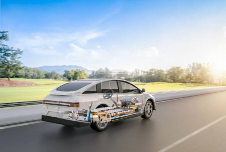 Téléchargez les photos : 3d rendering ev voiture ou véhicule électrique avec pack de cellules de batterie module sur la route - en image libre de droit