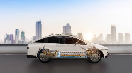 Téléchargez les photos : 3d rendering ev voiture ou véhicule électrique avec pack de cellules de batterie module avec arrière-plan paysage urbain - en image libre de droit