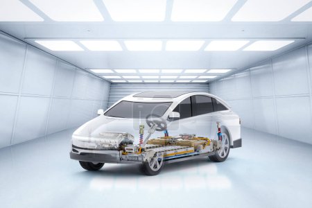 Foto de 3d renderizado ev coche o vehículo eléctrico con paquete de módulo de celdas de batería en el parque de plataformas en el garaje - Imagen libre de derechos