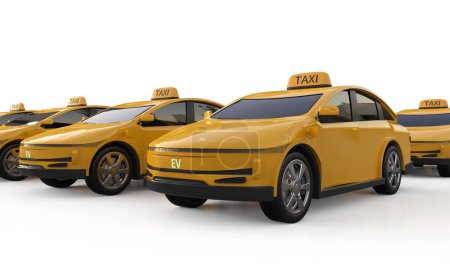 Foto de 3d representación de lotes de amarillo ev taxis o vehículos eléctricos sobre fondo blanco - Imagen libre de derechos