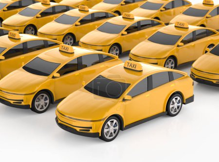 Foto de 3d representación de lotes de amarillo ev taxis o vehículos eléctricos sobre fondo blanco - Imagen libre de derechos