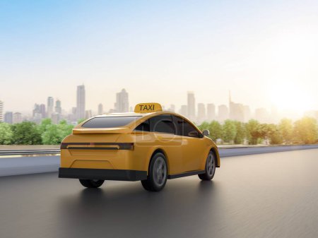 Téléchargez les photos : 3d rendu jaune ev taxi ou véhicule électrique tour en ville - en image libre de droit