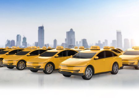 Foto de 3d renderizado amarillo ev taxis o vehículo eléctrico en la ciudad - Imagen libre de derechos