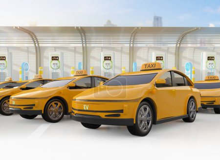 Téléchargez les photos : 3d rendu jaune ev taxi ou véhicule électrique brancher avec station de recharge - en image libre de droit