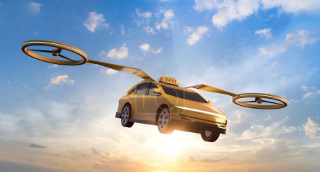 Téléchargez les photos : Taxi sans conducteur ou taxi autonome avec 3d rendant électrique volant voiture jaune - en image libre de droit