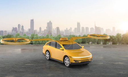 Taxi sin conductor o taxi autónomo con 3d renderizado eléctrico volando coche amarillo