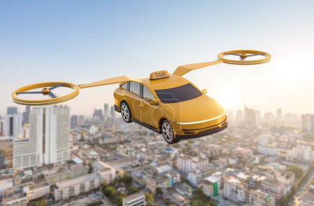 Téléchargez les photos : Taxi sans conducteur ou taxi autonome avec 3d rendant électrique volant voiture jaune - en image libre de droit
