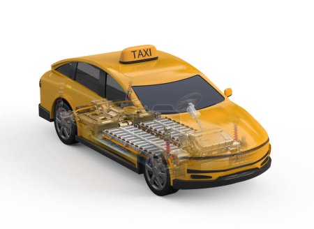 Foto de 3d renderizado amarillo ev taxi o vehículo eléctrico con paquete de módulo de celdas de batería en la plataforma - Imagen libre de derechos