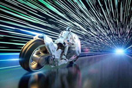 Téléchargez les photos : Technologie de course avec robot de rendu 3D à moto avec vitesse en tunnel - en image libre de droit