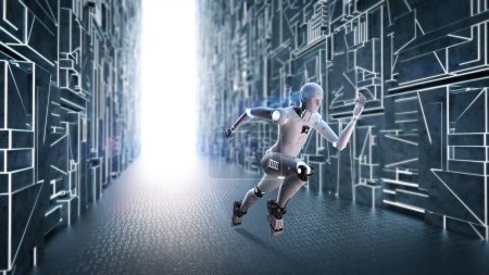 Foto de Concepto de tecnología de velocidad rápida con robot de renderizado 3D corriendo a través del túnel para el futuro - Imagen libre de derechos