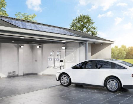 Photo for 3d rendering solar panel on roof generate electricity for home garage with ev charger - Royalty Free Image