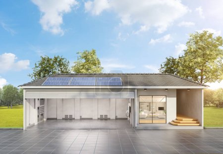 Foto de 3d renderizado panel solar en el techo generar electricidad para garaje en casa con cargador ev - Imagen libre de derechos