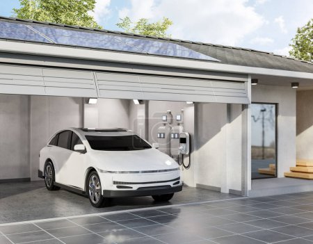 Téléchargez les photos : 3d rendu panneau solaire sur le toit générer de l'électricité pour le garage à domicile avec chargeur ev - en image libre de droit