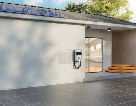 Foto de 3d renderizado panel solar en el techo generar electricidad para garaje en casa con cargador ev - Imagen libre de derechos
