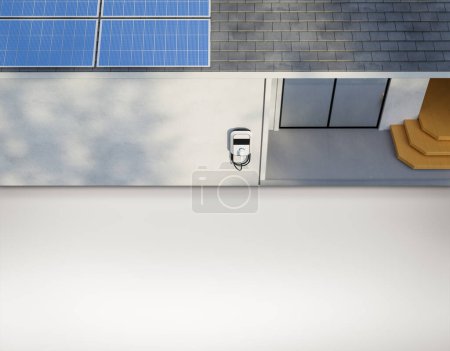 Téléchargez les photos : 3d rendu panneau solaire sur le toit générer de l'électricité pour le garage à domicile avec chargeur ev - en image libre de droit