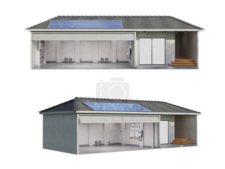 Téléchargez les photos : Modèle de rendu 3d de panneau solaire sur le toit générer de l'électricité pour le garage à domicile avec chargeur ev isolé sur blanc - en image libre de droit