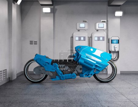 Foto de 3d renderizado bicicleta eléctrica en casa garaje con cargador ev - Imagen libre de derechos