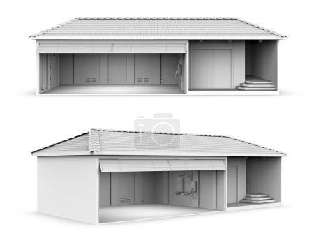 Téléchargez les photos : 3d rendant modèle de garage à domicile avec chargeur ev sur fond blanc - en image libre de droit