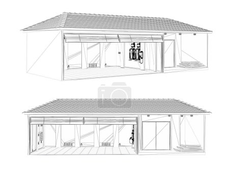 Foto de 3d representación contorno casa garaje modelo con cargador ev sobre fondo blanco - Imagen libre de derechos