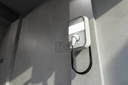 Foto de 3d renderizado ev cargador o cargador de pared en el garaje en casa - Imagen libre de derechos