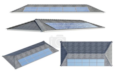 Foto de 3d juego de representación de paneles solares en el techo aislado en blanco - Imagen libre de derechos