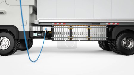 Foto de 3d rendering ev logistic trailer truck or electric vehicle lorry at charging station - Imagen libre de derechos