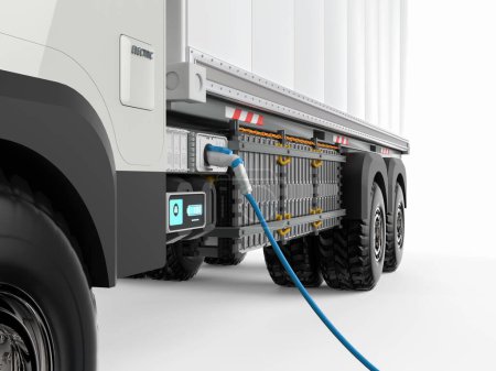 Téléchargez les photos : 3d rendering ev logistic trailer truck or electric vehicle lorry at charging station - en image libre de droit