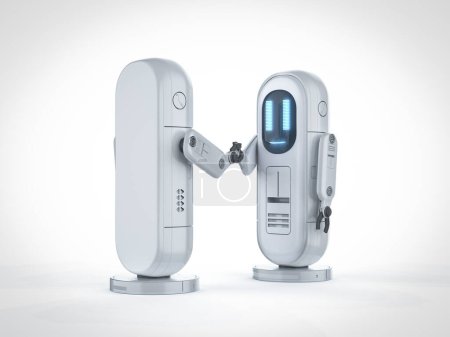 Foto de 3d robot asistente de renderizado con pantalla digital apretón de manos con los demás - Imagen libre de derechos