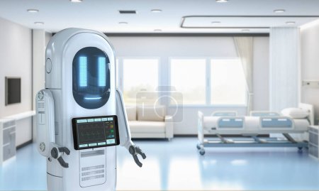 Téléchargez les photos : Robot assistant de rendu 3d avec écran numérique pour le patient à l'hôpital - en image libre de droit