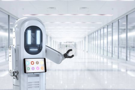 Téléchargez les photos : Robot assistant de rendu 3d avec écran numérique pour le patient à l'hôpital - en image libre de droit