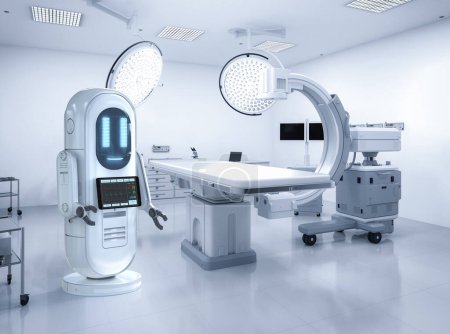 Foto de Concepto de tecnología médica con robot asistente de renderizado 3D con máquina de escaneo mri - Imagen libre de derechos