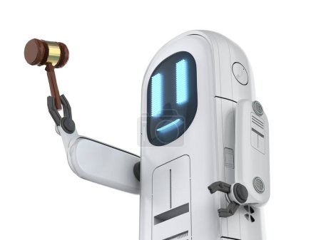 Téléchargez les photos : Concept de droit Internet avec assistant mignon robot tenir juge marteau - en image libre de droit