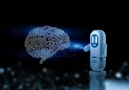 Téléchargez les photos : 3d rendant assistant mignon robot intelligence artificielle avec ai cerveau - en image libre de droit