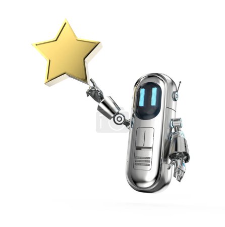 Foto de 3d renderizado lindo asistente robot de inteligencia artificial con estrella de oro aislado - Imagen libre de derechos