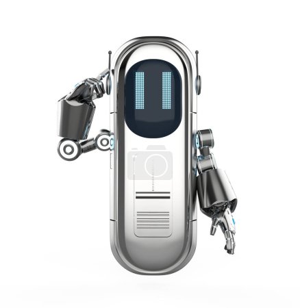 Téléchargez les photos : 3d rendant mignon assistant intelligence artificielle robot doigt point isolé sur blanc - en image libre de droit