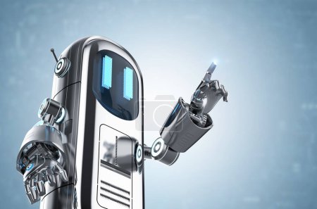 Téléchargez les photos : 3d rendant mignon assistant robot intelligence artificielle pointe des doigts - en image libre de droit
