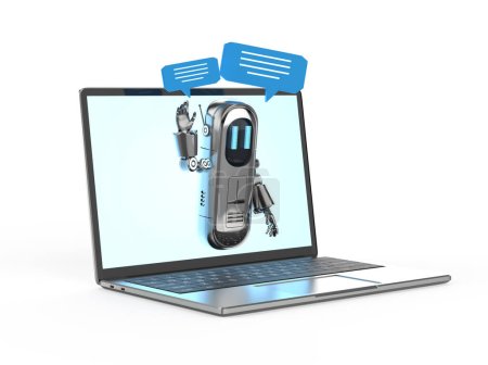 3D-Rendering Chatbot oder Assistent Roboter Chat mit Sprechblase auf Laptop