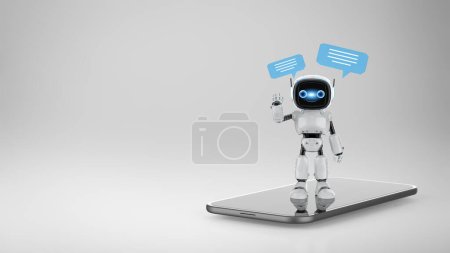 Téléchargez les photos : 3d rendu chatbot ou assistant robot chat avec bulle vocale sur téléphone mobile - en image libre de droit