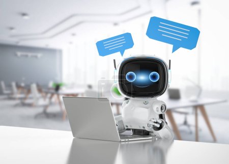 Téléchargez les photos : 3d rendu chatbot ou assistant robot chat avec bulle vocale dans le bureau - en image libre de droit