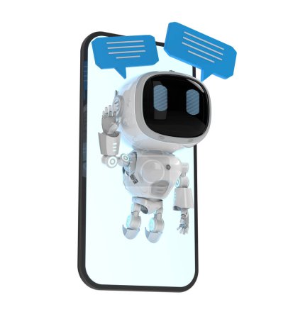 Téléchargez les photos : 3d rendu chatbot ou assistant robot chat avec bulle vocale sur téléphone mobile - en image libre de droit