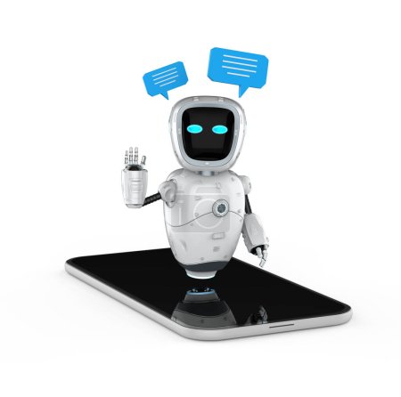 3d rendering chatbot or assistant robot chat with speech bubble on mobile phone