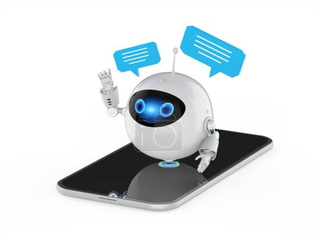3d rendering chatbot or assistant robot chat on mobile phone with speech bubble