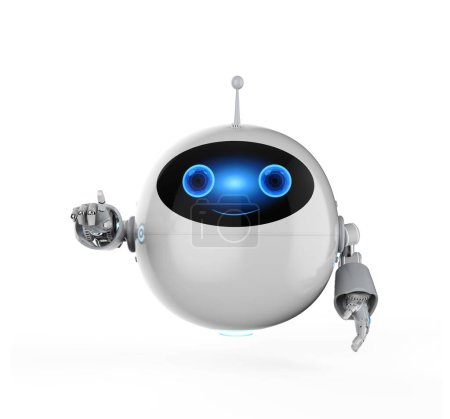 3d renderizado lindo asistente robot de inteligencia artificial sin pierna con el dedo del personaje de dibujos animados en el fondo blanco