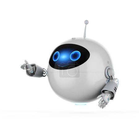 3d rendering cute assistant artificial intelligence robot no leg with cartoon character finger point on white background