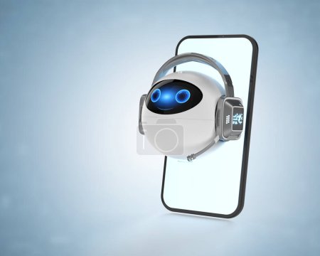 Téléchargez les photos : 3d rendu chatbot ou assistant robot chat avec casque sur téléphone mobile - en image libre de droit