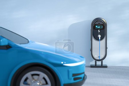 Foto de 3d renderizado azul ev coche o vehículo eléctrico enchufe con estación de recarga - Imagen libre de derechos