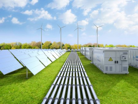 3d rendering amount of energy storage systems or battery container units with solar and turbine farm